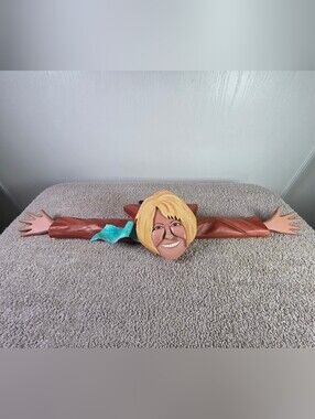 Hand-Carved Folk Art Wooden Face Wall Sculpture - Blonde Hair, Teal Accent